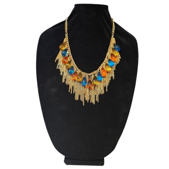 Statement Bib Necklace – Gold Fringe with Blue & Orange Drop Beads (NWOT) - Picture 2 of 7
